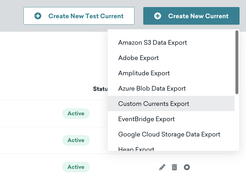 Der Button „Create New Current“ mit einem Dropdown-Menü, das „Custom Currents Export“ enthält.