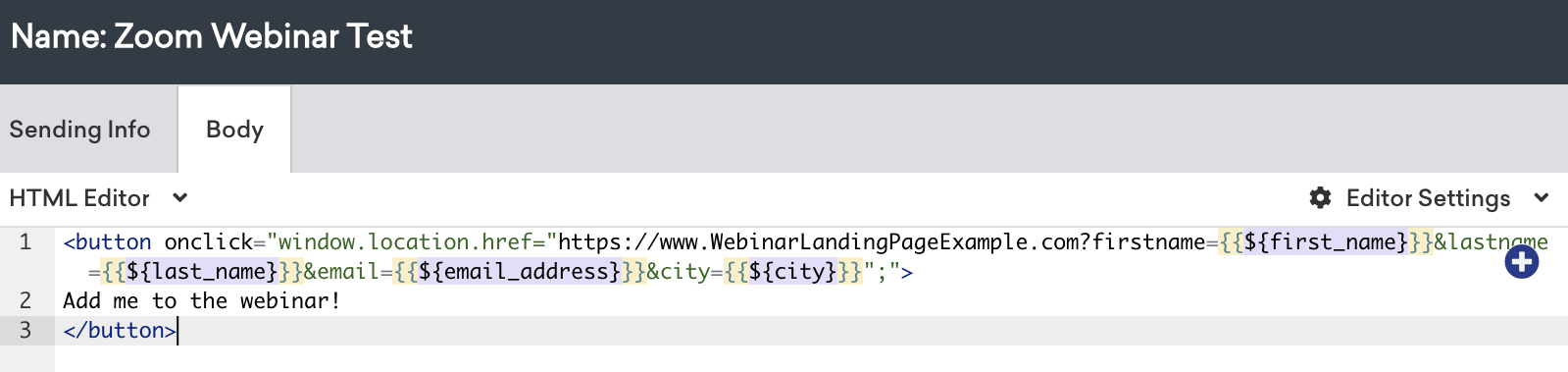 E-Mail-Nachricht mit Liquid-Templating zur Einbindung von Vorname, Nachname, E-Mail-Adresse und Ort.