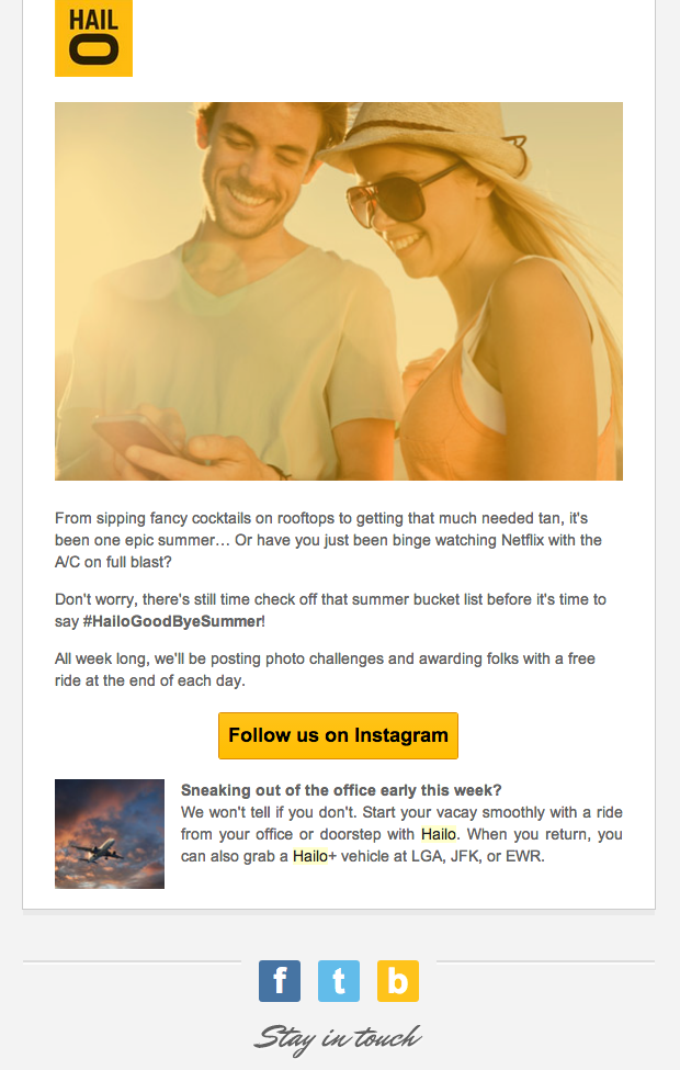 Social-Media-E-Mail-Beispiel von Hailo, das Nutzer:innen zur Teilnahme an einer Foto-Challenge auffordert.