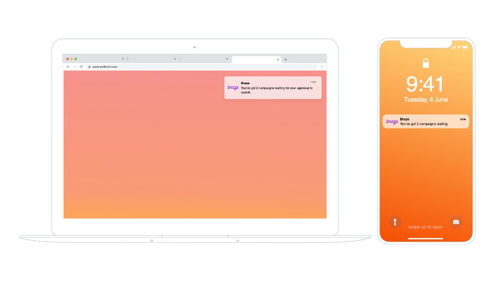 Web-Push-Beispiel mit derselben Push-Nachricht auf einem Laptop und einem Telefon.
