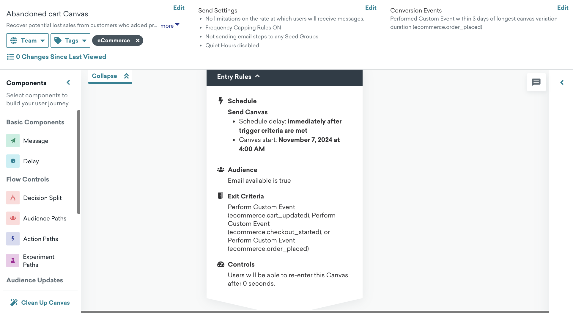 Ein angewandtes „Abandoned Cart“ Canvas-Template mit erweiterten „Entry Rules“.