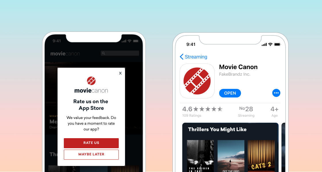 Zwei mobile Bildschirme nebeneinander. Der erste zeigt eine In-App-Nachricht, die Nutzer:innen bittet, die App im App Store zu bewerten. Der zweite zeigt die iOS-App-Store-Seite für diese App.