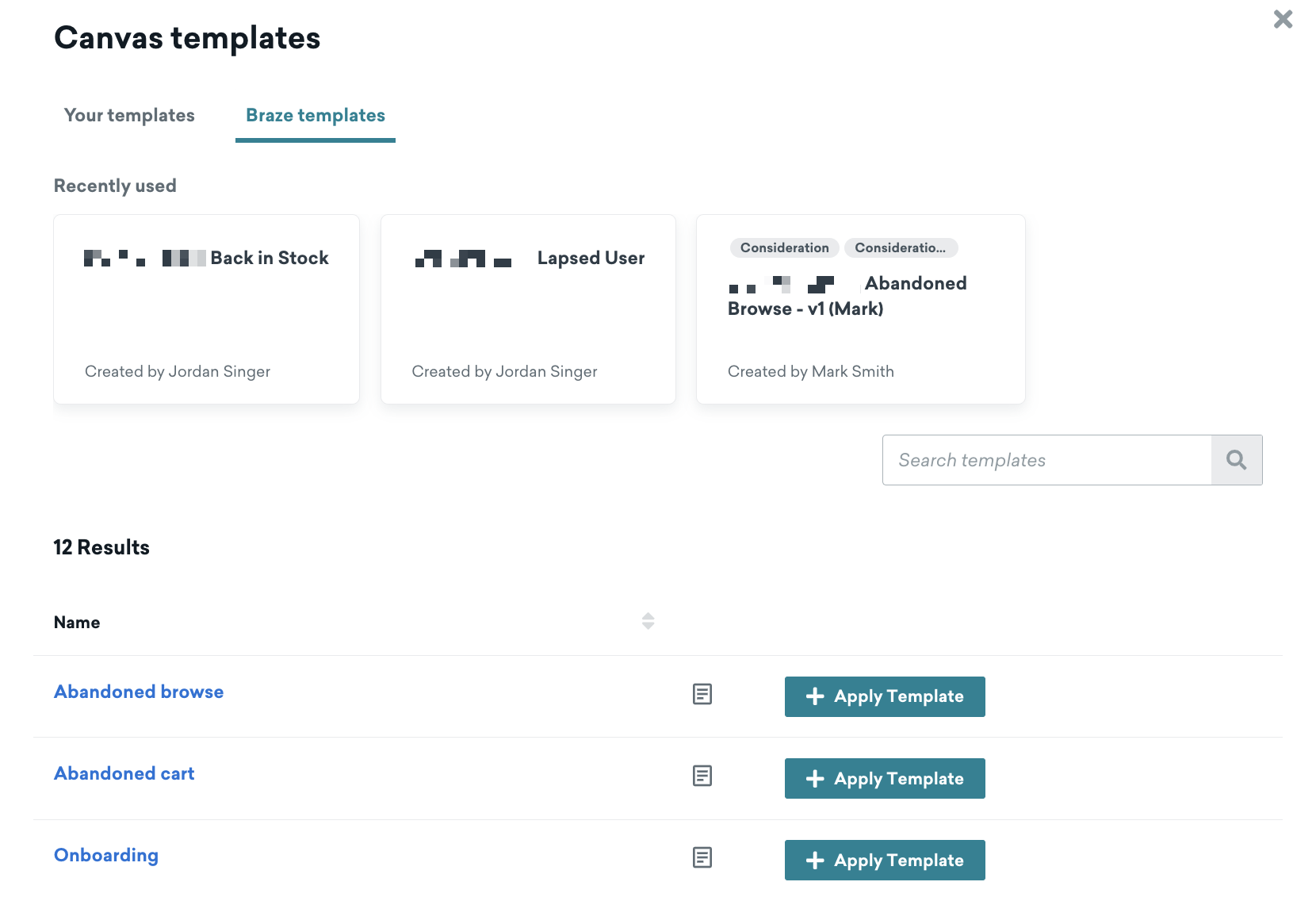 Die Seite „Canvas templates“ ist auf dem Tab „Braze templates“ geöffnet und zeigt eine Liste der zuletzt verwendeten Templates sowie auswählbare Braze Templates.
