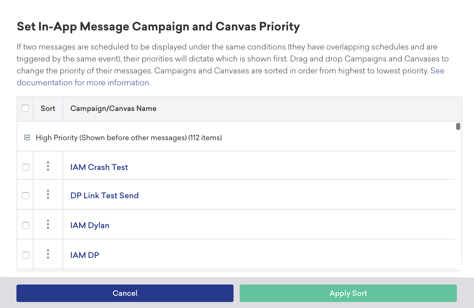Ein Beispiel, wie die Priorität für eine In-App-Nachrichten-Campaign und ein Canvas festgelegt wird.