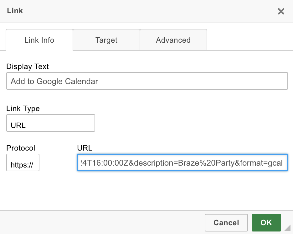 Link-Dialog beim Hinzufügen eines Links im Dashboard. Der Tab „Link Info" ist ausgewählt und der Text ist auf „Add to Google Calendar" gesetzt.