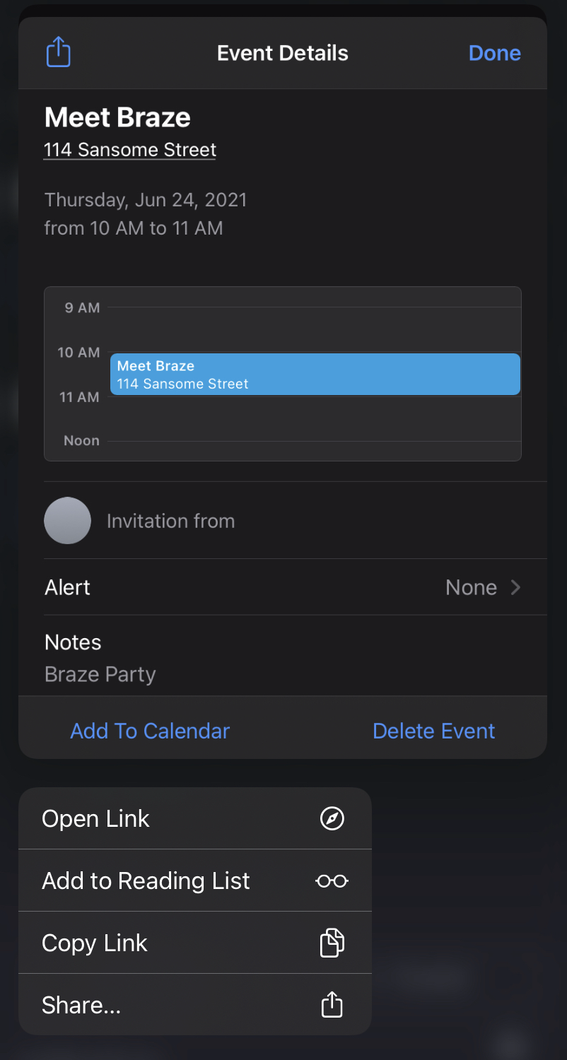 iOS-Pop-up beim Gedrückthalten eines Kalender-Links mit einem Button „Zum Kalender hinzufügen".