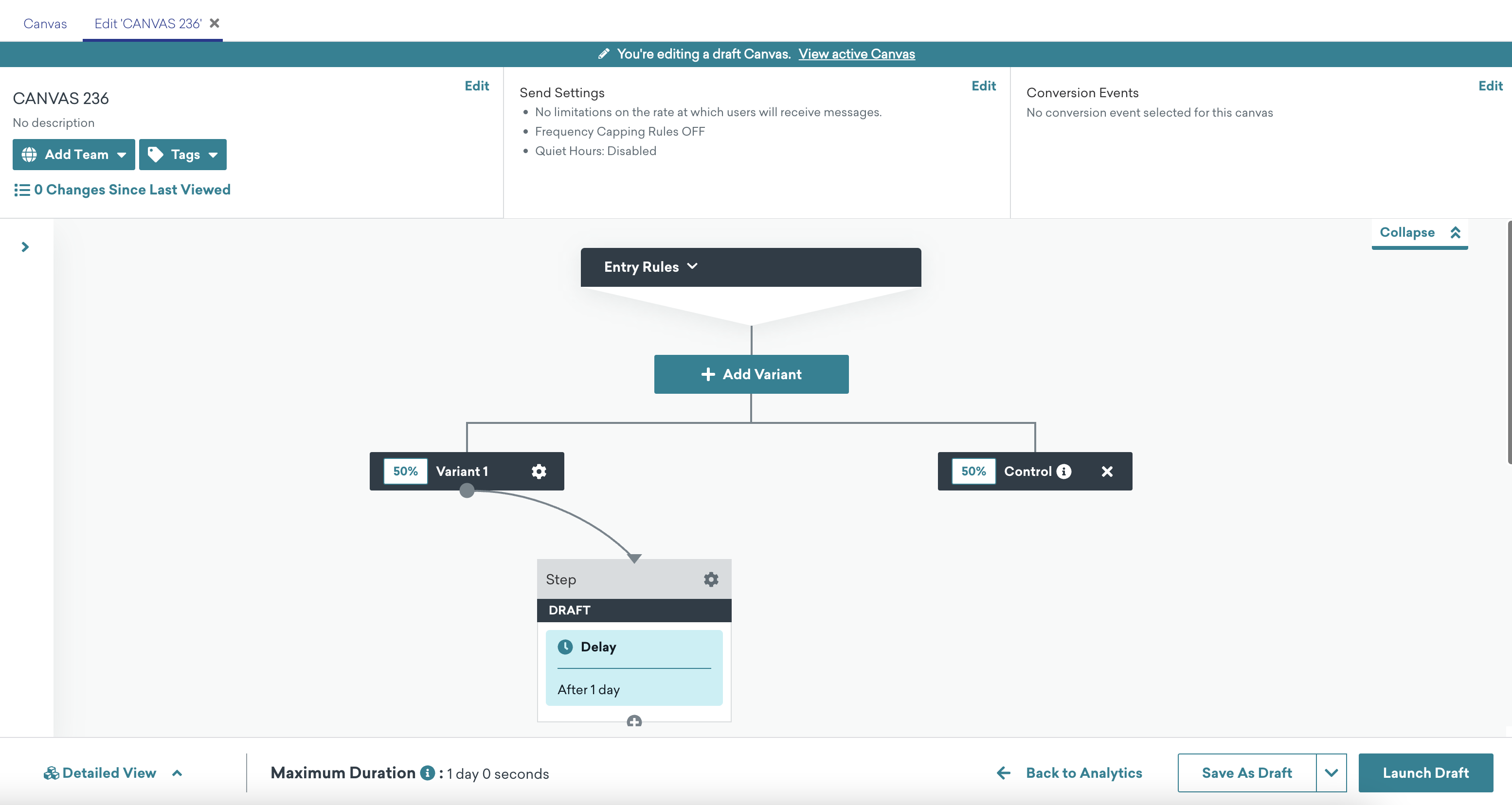 Ein Beispiel für ein Canvas im Entwurfsmodus mit einem Banner, das darauf hinweist, dass ein Canvas-Entwurf bearbeitet wird, mit der Option, das aktive Canvas anzuzeigen. In der Fußzeile befinden sich Optionen, um zur Analytics-Ansicht zurückzukehren, als Entwurf zu speichern oder den Entwurf zu starten.
