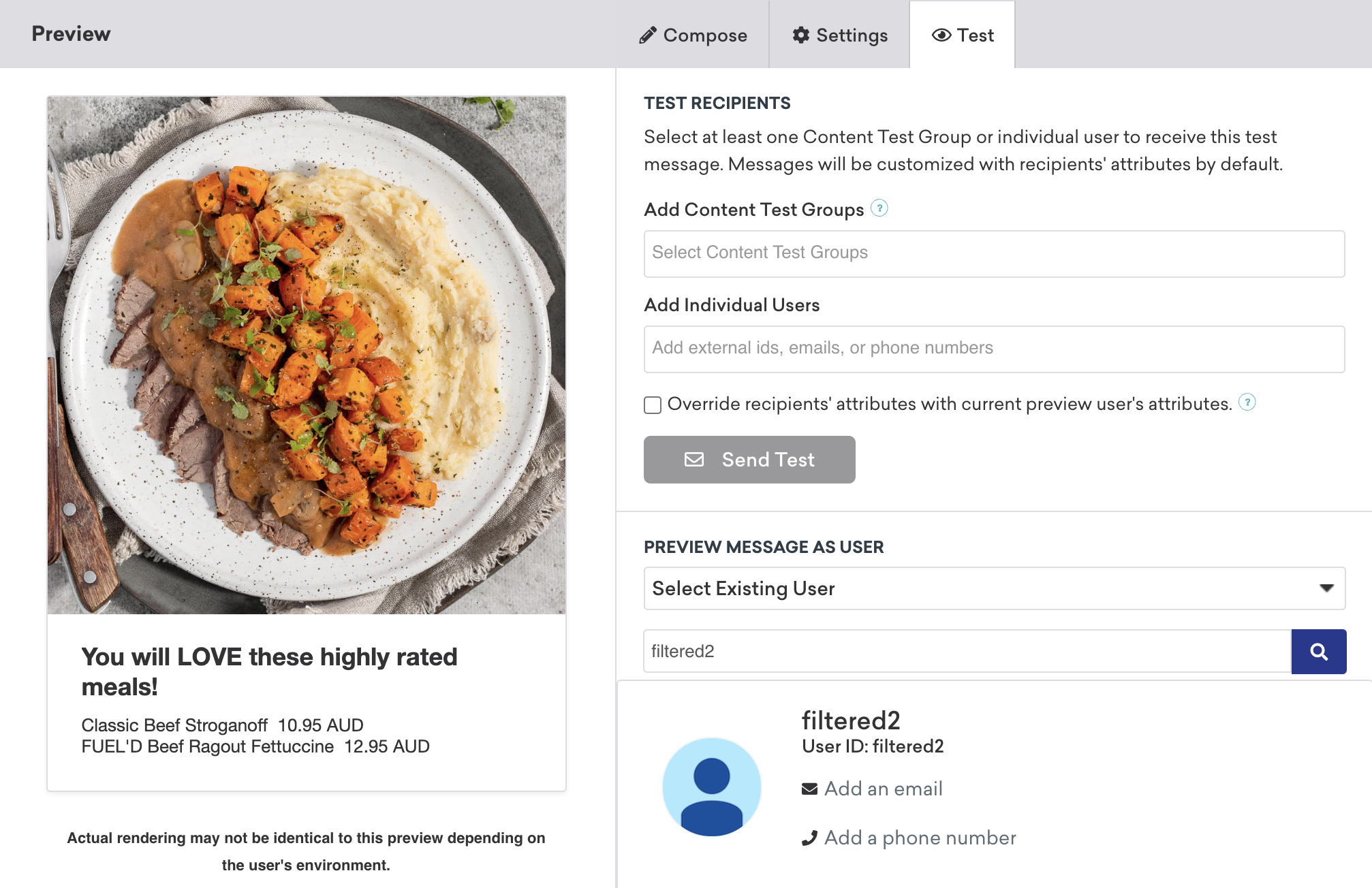 Eine Content-Card mit einem Bild von Bœuf Stroganoff und einer Liste von zwei Essensempfehlungen, die Rindfleisch enthalten, basierend auf der zuletzt angesehenen Kategorie der Nutzerin oder des Nutzers.