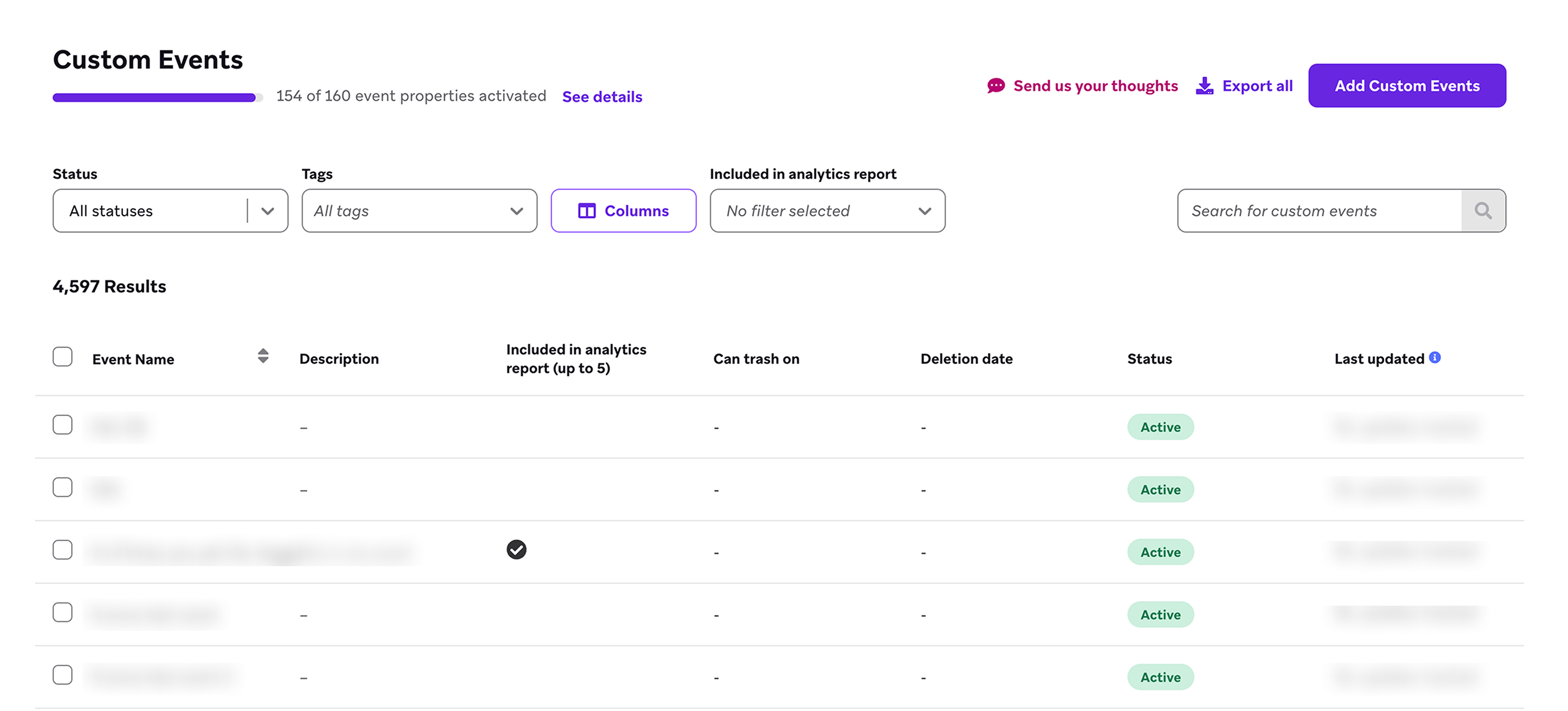Auswahl von Events, die im Analytics-Bericht enthalten sein sollen
