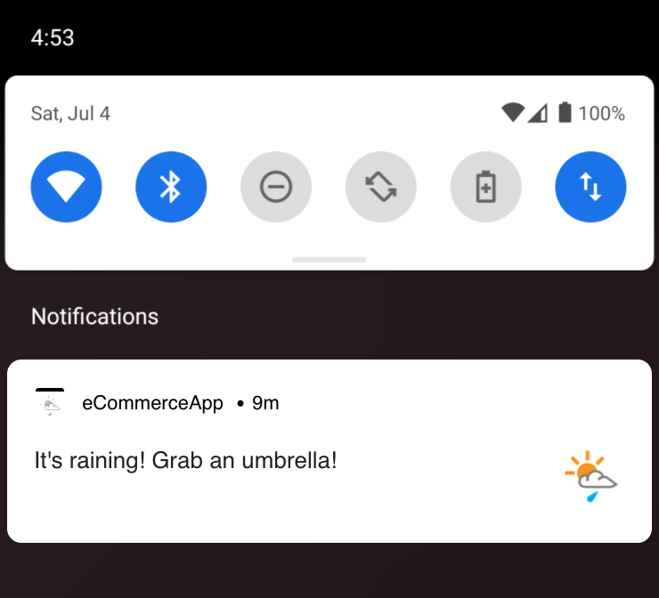 Eine Connected-Content-Push-Nachricht mit dem Text „It's raining! Grab an Umbrella!“, angezeigt auf einem Android-Gerät