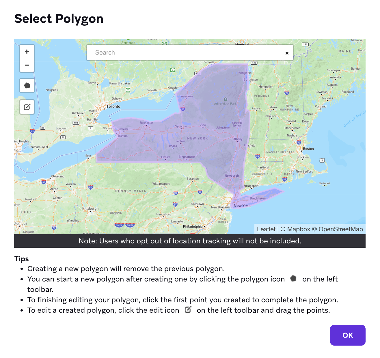 Ein Umriss des Bundesstaates New York als ausgewählte polygonale Region.