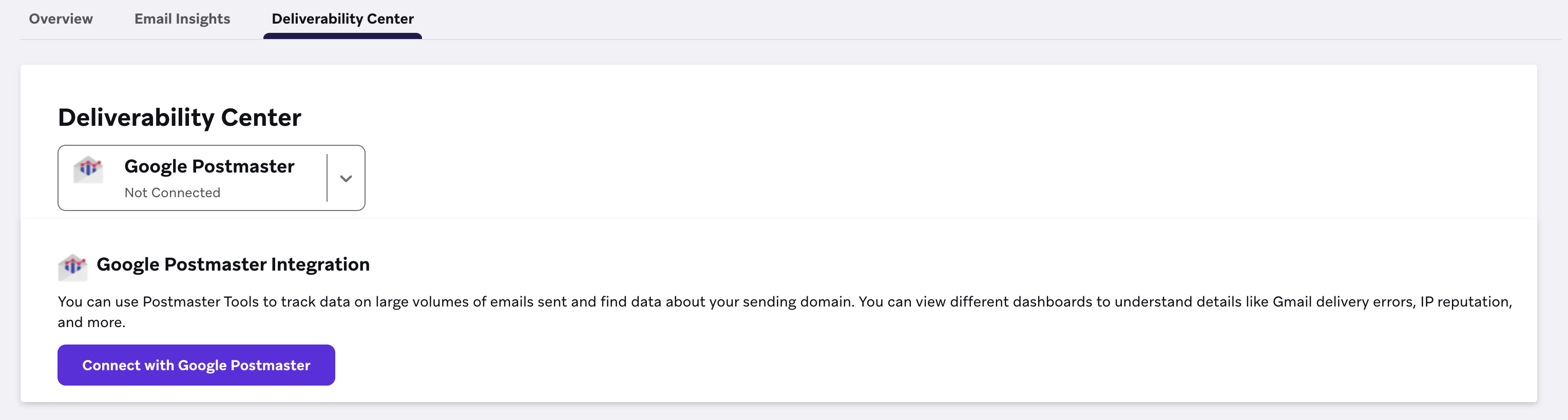Ein Deliverability Center mit nicht verbundenem Google Postmaster.