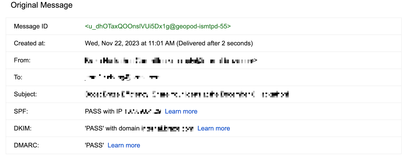 Eine E-Mail, die „PASS“ als DMARC-Wert anzeigt.