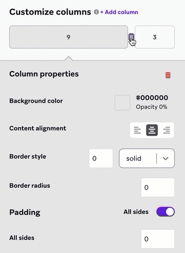 Anpassen von Spalten im Abschnitt „Column customization“.