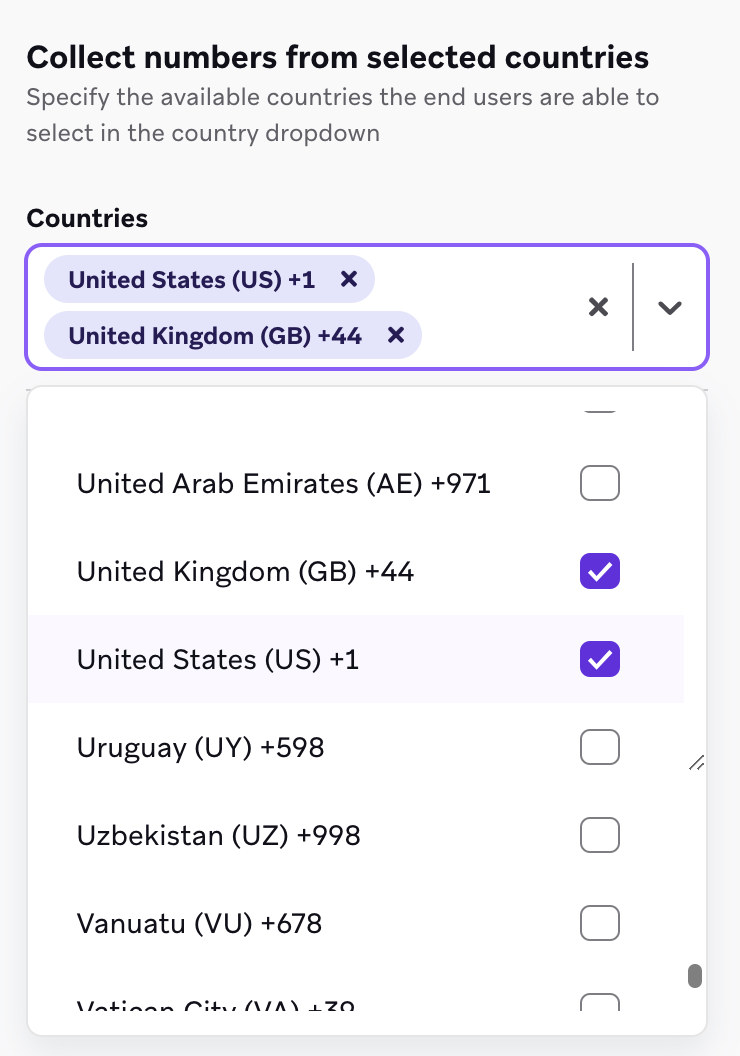Länder-Dropdown zur Auswahl der Länder, aus denen Sie Nummern erfassen möchten.