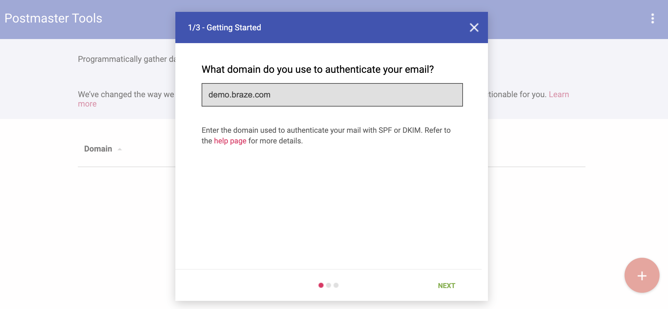 Eine Beispiel-Domain „demo.braze.com“ zur Authentifizierung einer E-Mail.
