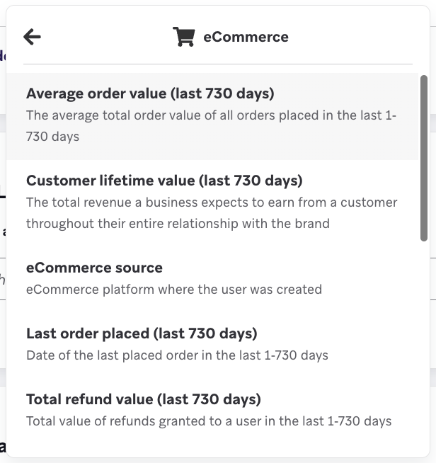 Dropdown der Segment-Filter mit „Ecommerce“-Filtern.