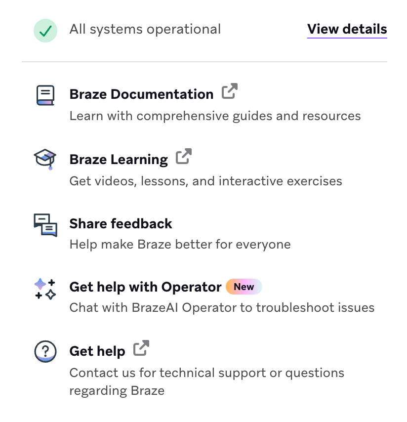 Das Dropdown-Menü „Support“ mit den Optionen „Get help with Operator“ und „Get help“.
