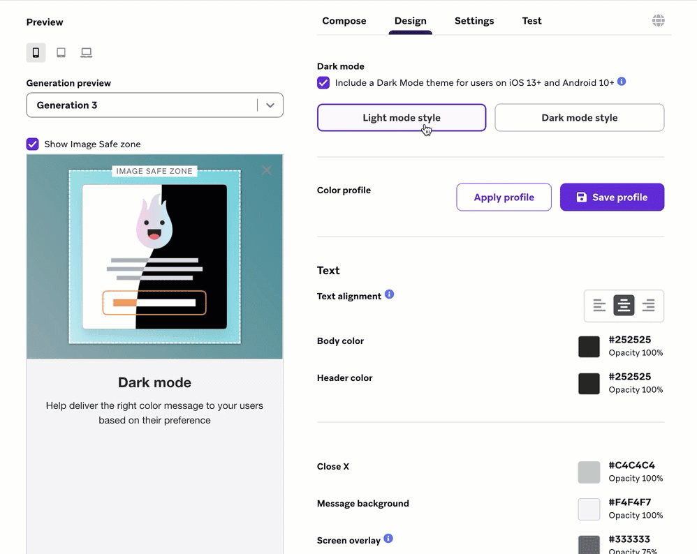 Nutzer:in wechselt zwischen Light-Mode-Stil und Dark-Mode-Stil im Tab „Stil“ beim Erstellen einer In-App-Nachricht.