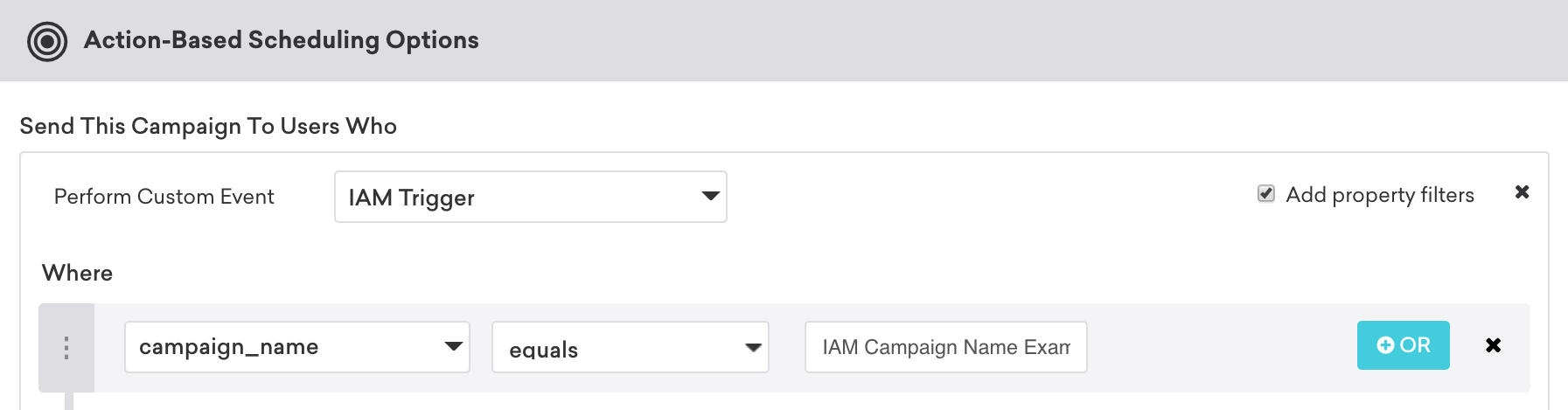 Eine aktionsbasierte Zustellung, bei der eine In-App-Nachricht ausgelöst wird, wenn „campaign_name“ gleich „IAM-Kampagnenname Beispiel“ ist.