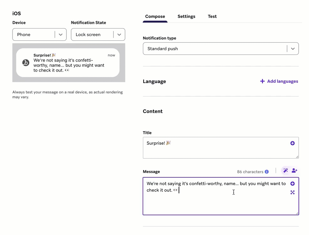 Ein GIF des Modals „Personalisierung hinzufügen", das zeigt, wie die Nutzer:in „fellow traveler" als Standardwert einfügt und das Modal den markierten Text „name" im Composer durch das Liquid-Snippet ersetzt.