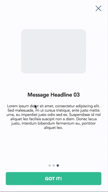 Eine HTML In-App-Nachricht mit einem Karussell von Inhalten und interaktiven Buttons.