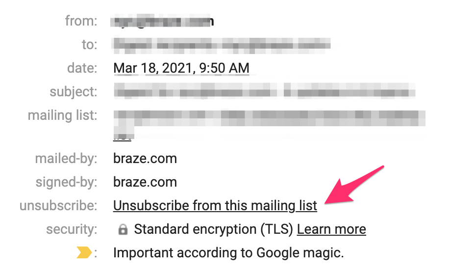 E-Mail-Client-Postfach-Oberfläche mit einer Abmeldeoption neben der Nachricht, wobei List-Unsubscribe außerhalb des Nachrichtentexts erscheint.