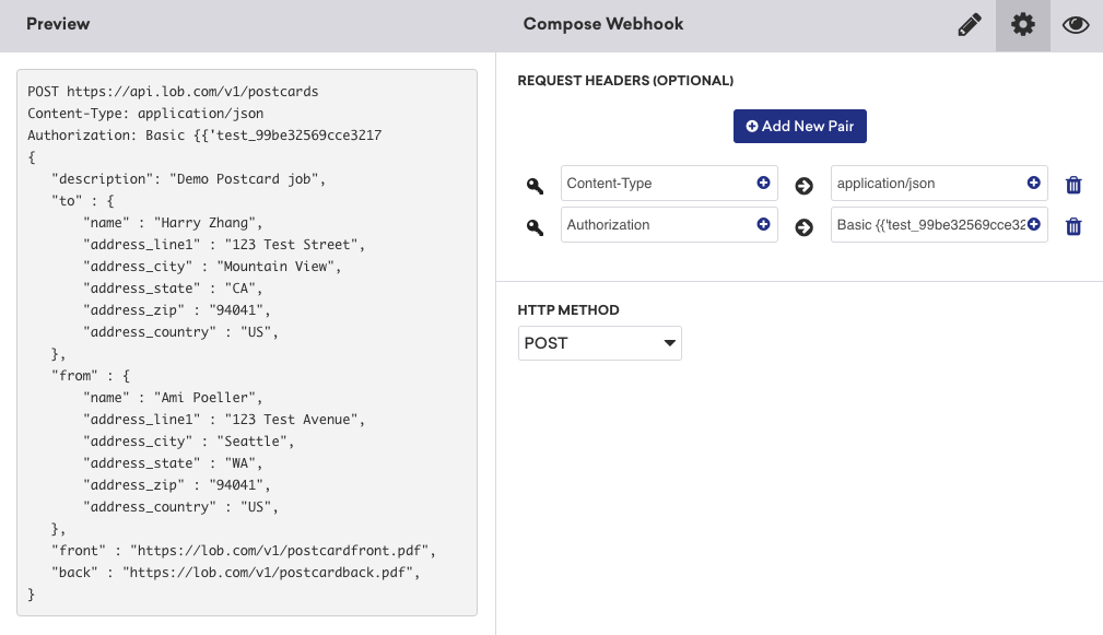 Anfrage-Body-Code und Webhook-URL im Tab „Verfassen“ des Braze-Webhook-Builders.