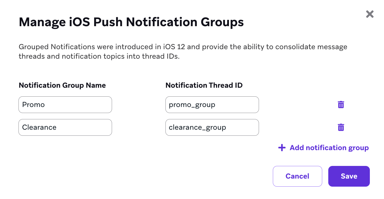 Fenster zum Verwalten von iOS-Push-Benachrichtigungsgruppen.