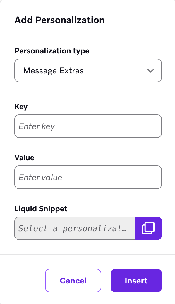 Das Modal „Add Personalization“ mit „Message Extras“ als ausgewähltem Personalisierungstyp.