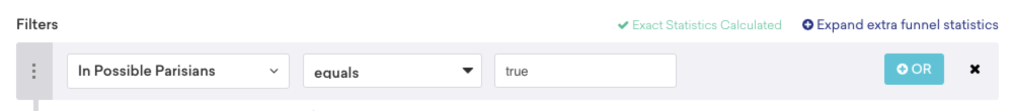 mParticle-Segmentfilter „in possible parisians“ eingestellt auf „equals“ und „true“.