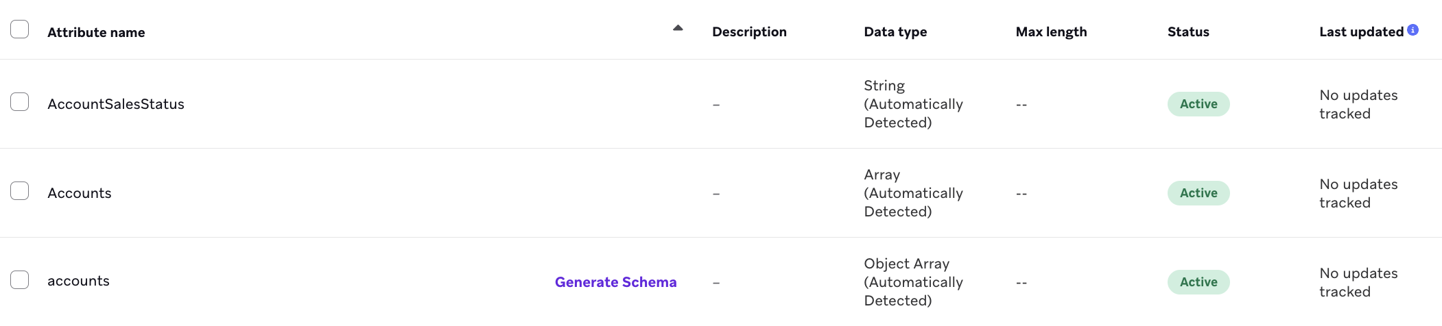Eine Liste angepasster Attribute mit der Option, das Schema für das Konten-Attribut zu generieren.