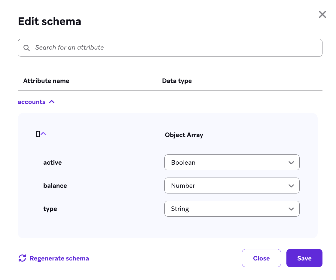 Schema für das Konten-Objekt-Array mit drei verschachtelten Werten: active, balance und type.