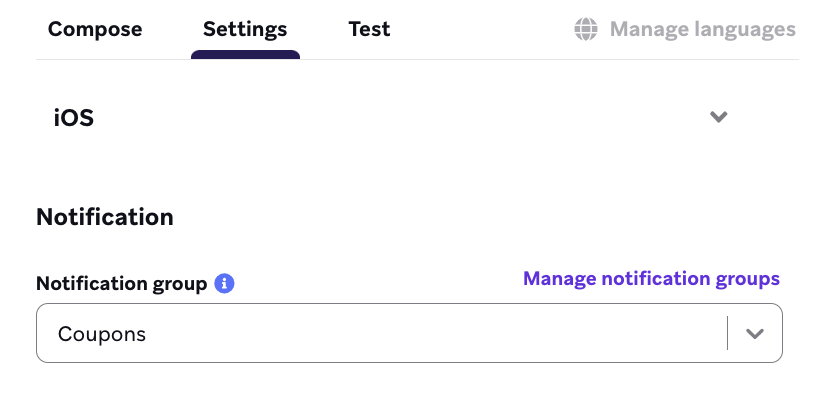 Der Tab „Settings“ mit einem Dropdown-Menü „Notification group“, in dem der Wert „Coupons“ ausgewählt ist.