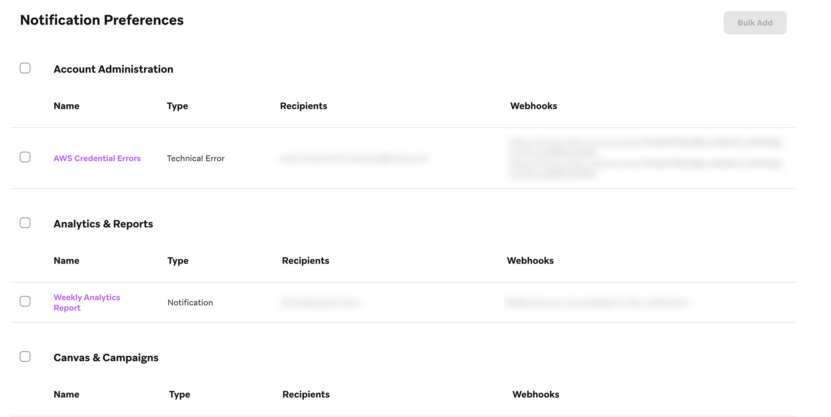 Seite „Präferenzen für Benachrichtigungen“ im Braze-Dashboard