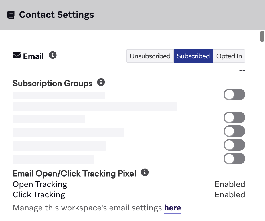 Felder für E-Mail-Öffnungs- und Klick-Tracking-Pixel im Tab „Engagement“ eines Nutzerprofils