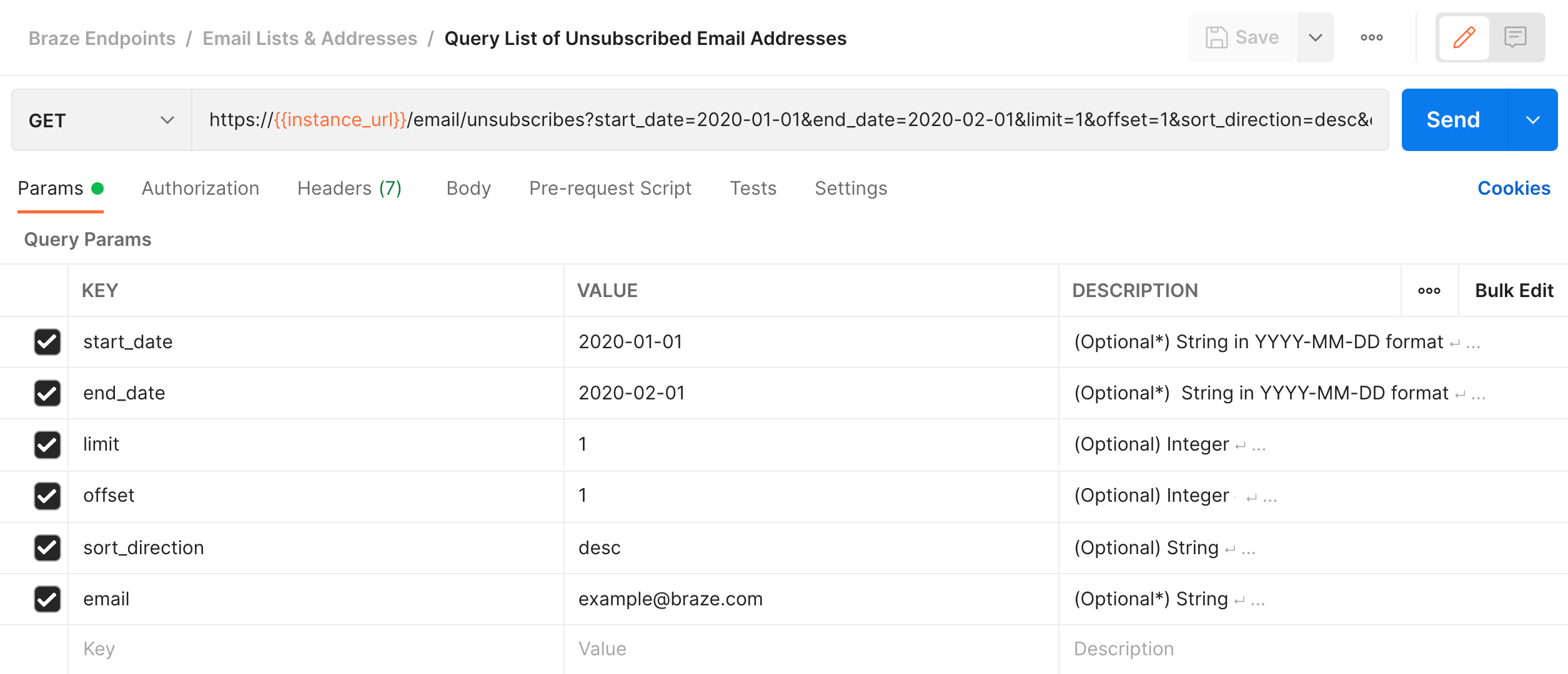 Tab Params bei der Bearbeitung einer Anfrage GET Query List of Unsubscribed Email Addresses in Postman.