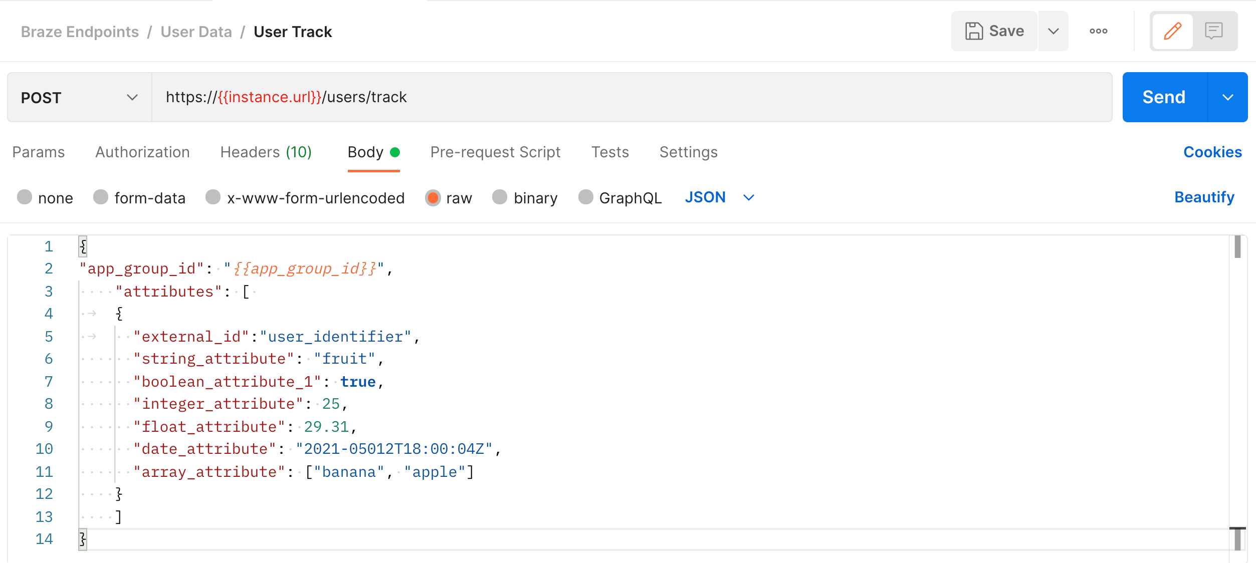 Body Tab beim Bearbeiten einer POST User Tracking Anfrage in Postman