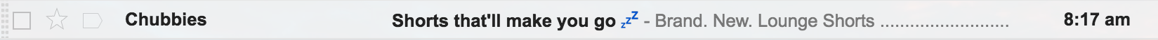 Preheader-Text in einem Gmail-Posteingang mit dem Text „Brand. New. Lounge Shorts“.