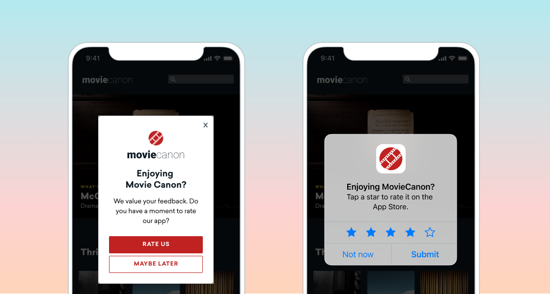 Zwei In-App-Nachrichten nebeneinander. Die erste bereitet Nutzer:innen auf die Bewertung der App vor, indem sie fragt, ob sie einen Moment Zeit haben, die App zu bewerten. Die zweite ist die native iOS-App-Store-Bewertungsnachricht, die eine Skala von fünf Sternen anzeigt, die Nutzer:innen auswählen können, um die App zu bewerten.