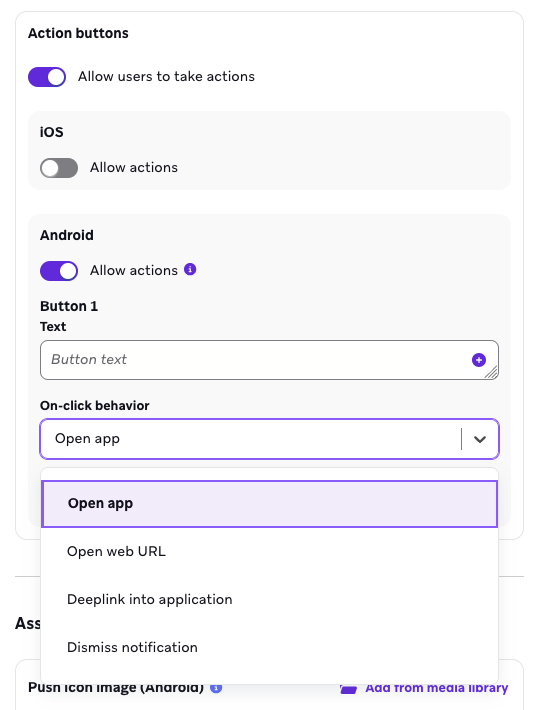 Auswahl von „App öffnen“ als On-Click-Verhalten für einen Benachrichtigungs-Button.