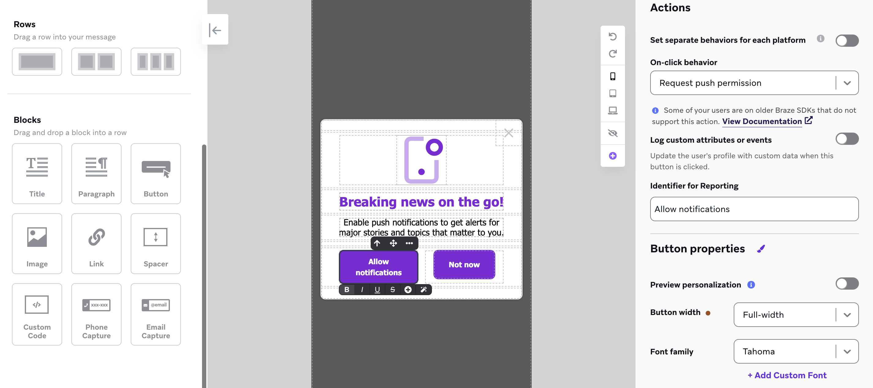 In-App-Nachrichten-Editor mit zwei Buttons: „Allow notifications“ und „Not now“.