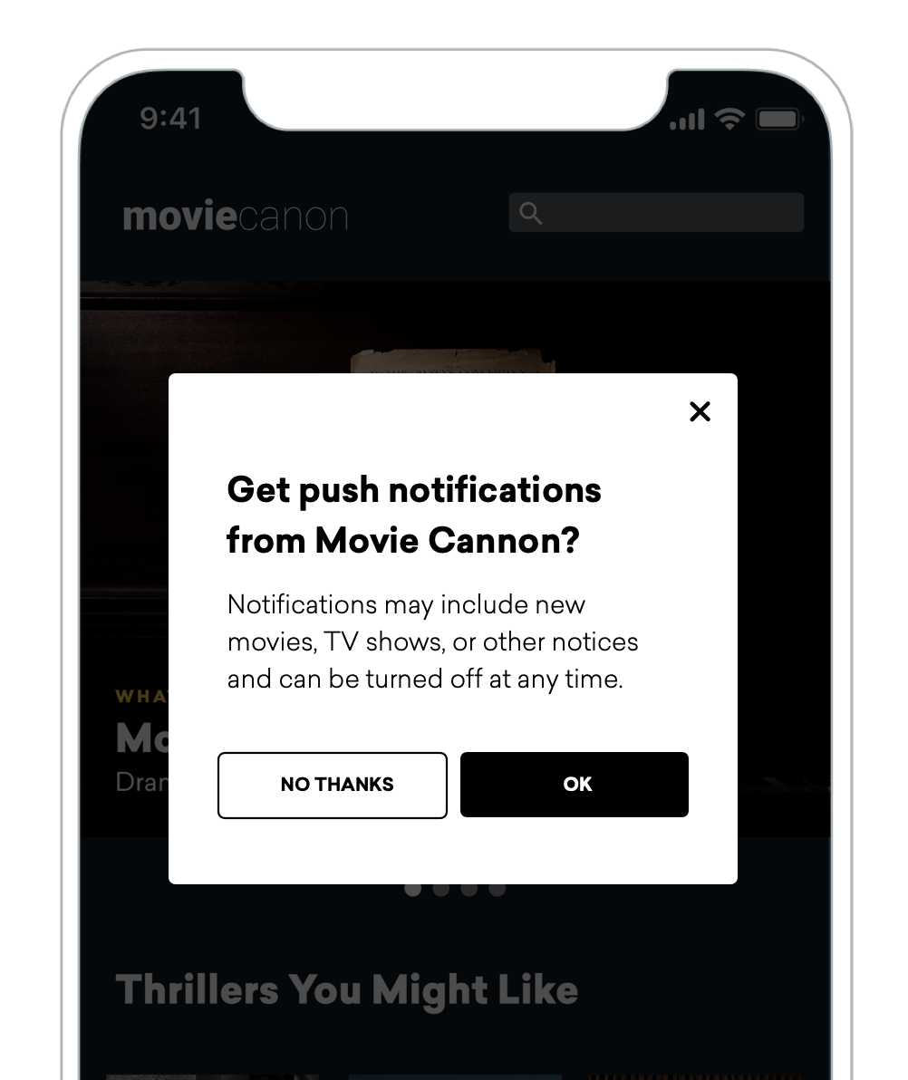Push-Primer-In-App-Nachricht für eine Streaming-App. Die Benachrichtigung lautet: „Push-Benachrichtigungen von Movie Cannon erhalten? Benachrichtigungen können neue Filme, TV-Sendungen oder andere Hinweise enthalten und können jederzeit deaktiviert werden.“
