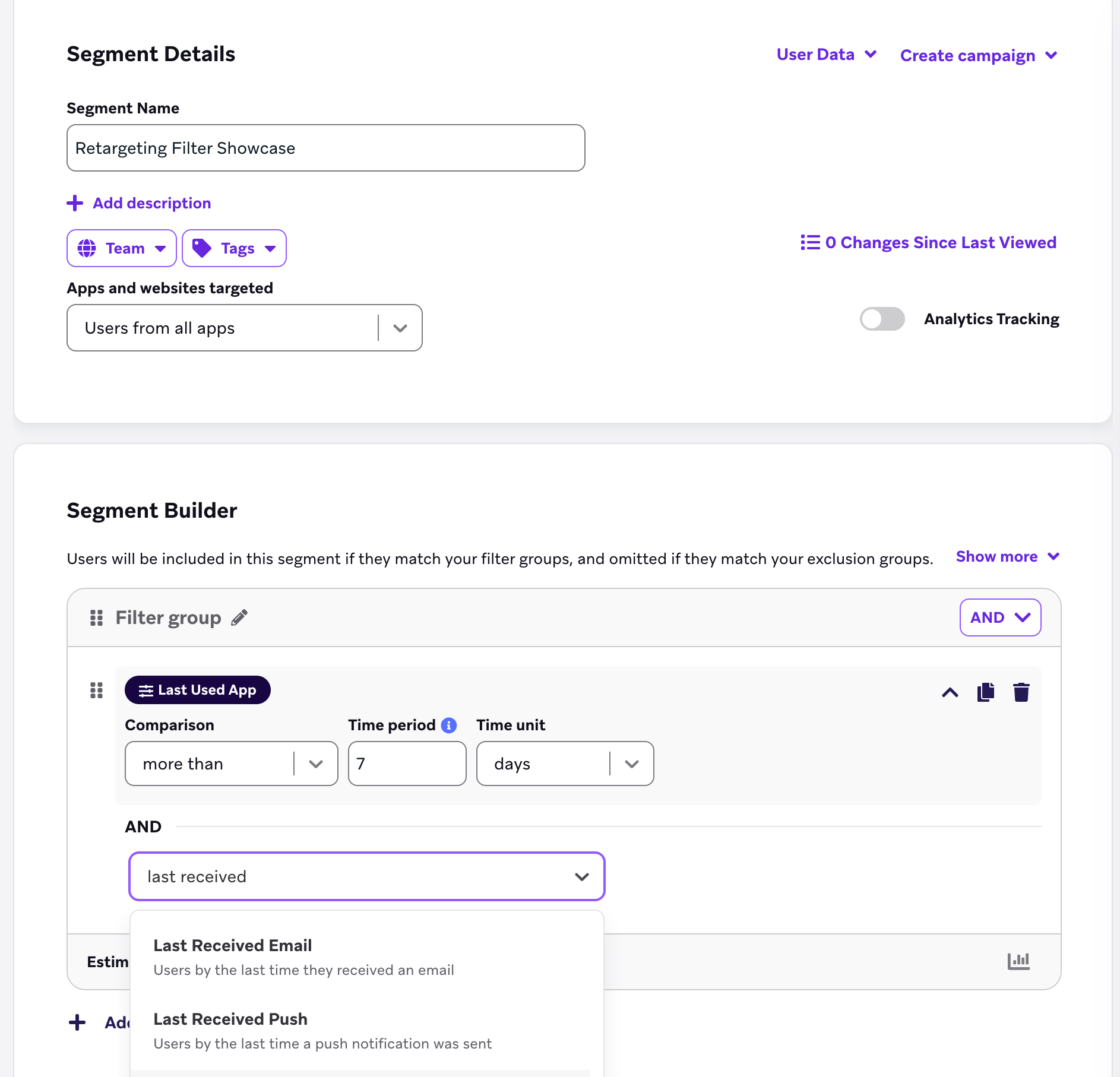 Ein Segment namens „Retargeting Filter Showcase“ mit der Filtergruppe „App zuletzt vor mehr als 7 Tagen verwendet“.
