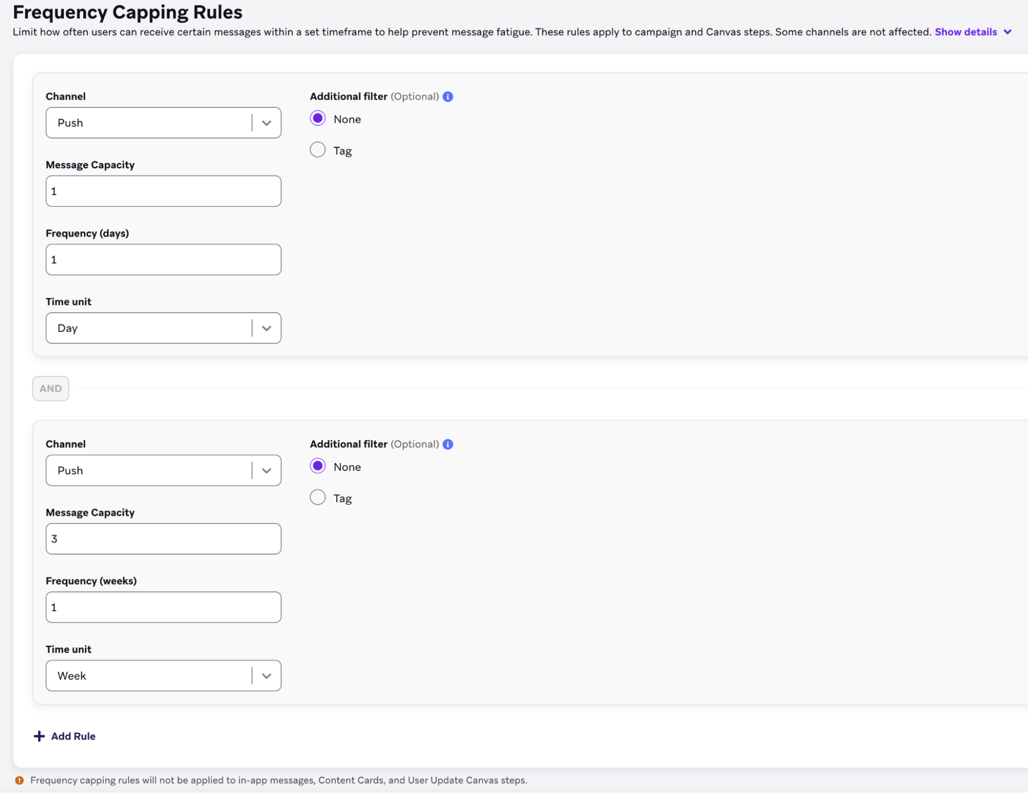 Frequency-Capping-Bereich mit Listen von Campaigns und Canvases, auf die Regeln angewendet werden und nicht angewendet werden.