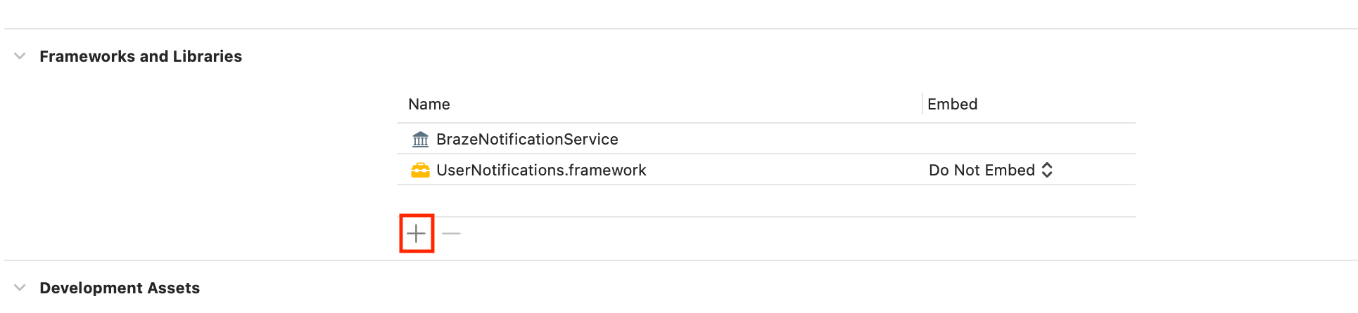 Der Standort des Plus-Symbols in Xcode lautet „Frameworks und Bibliotheken“.