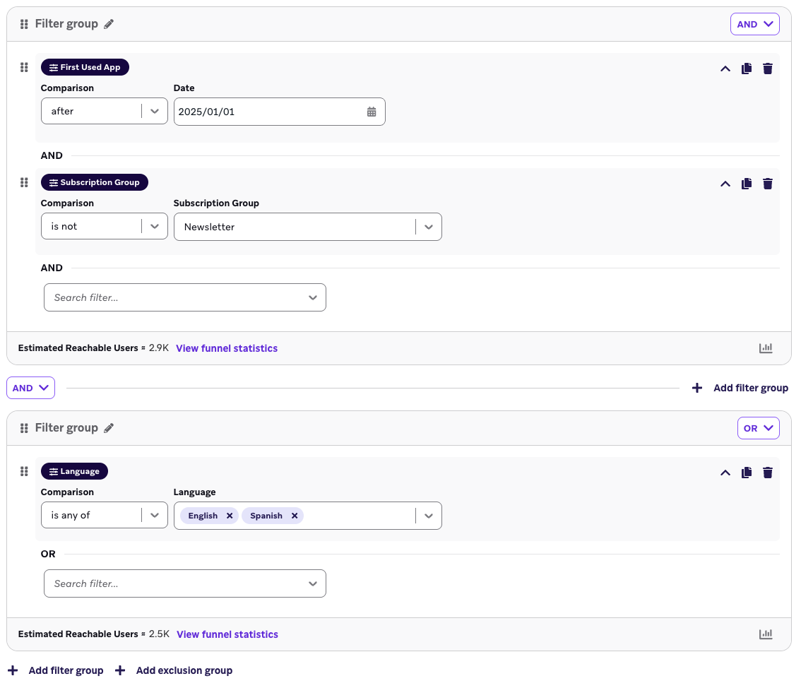 Segmenter-Filtergruppen mit dem AND-Operator.
