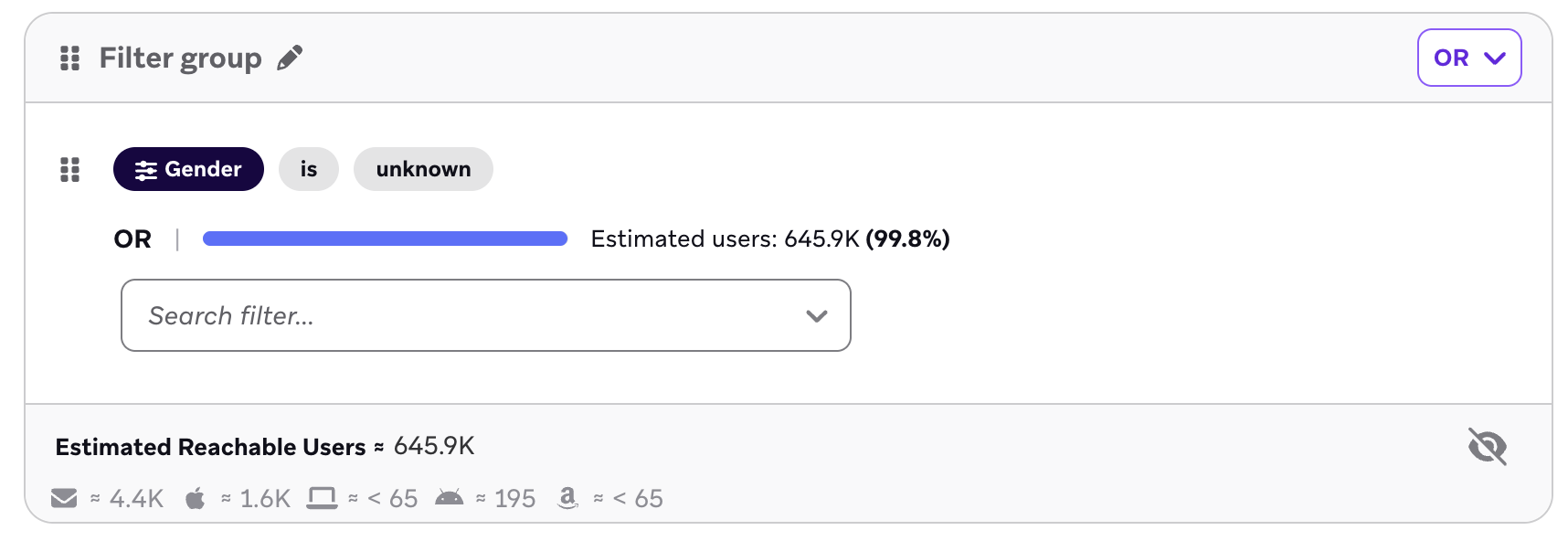 Eine Tabelle, die die insgesamt erreichbaren Nutzer:innen aufgeschlüsselt nach E-Mail, iOS-Push, Android-Push, Web-Push und Kindle-Push zeigt.