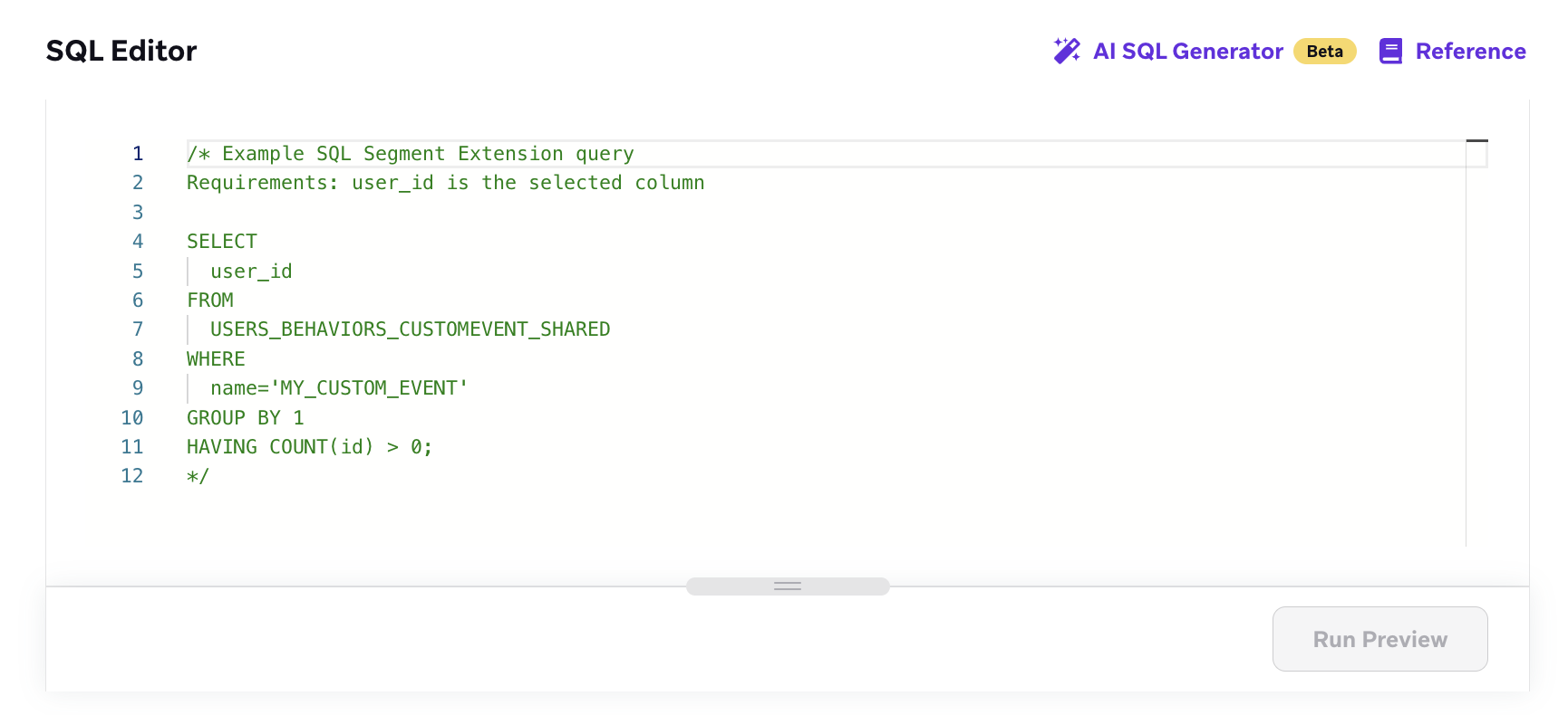 SQL-Editor, der ein Beispiel für eine SQL-Segmenterweiterung anzeigt.