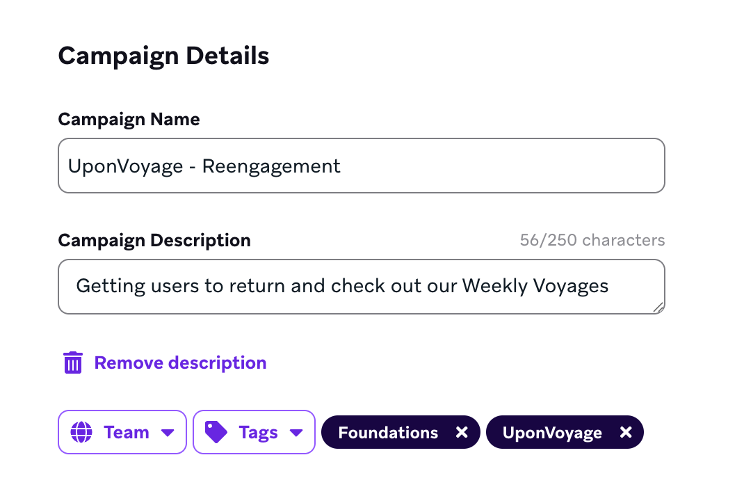 Tags auf der Seite „Campaign Analytics“.